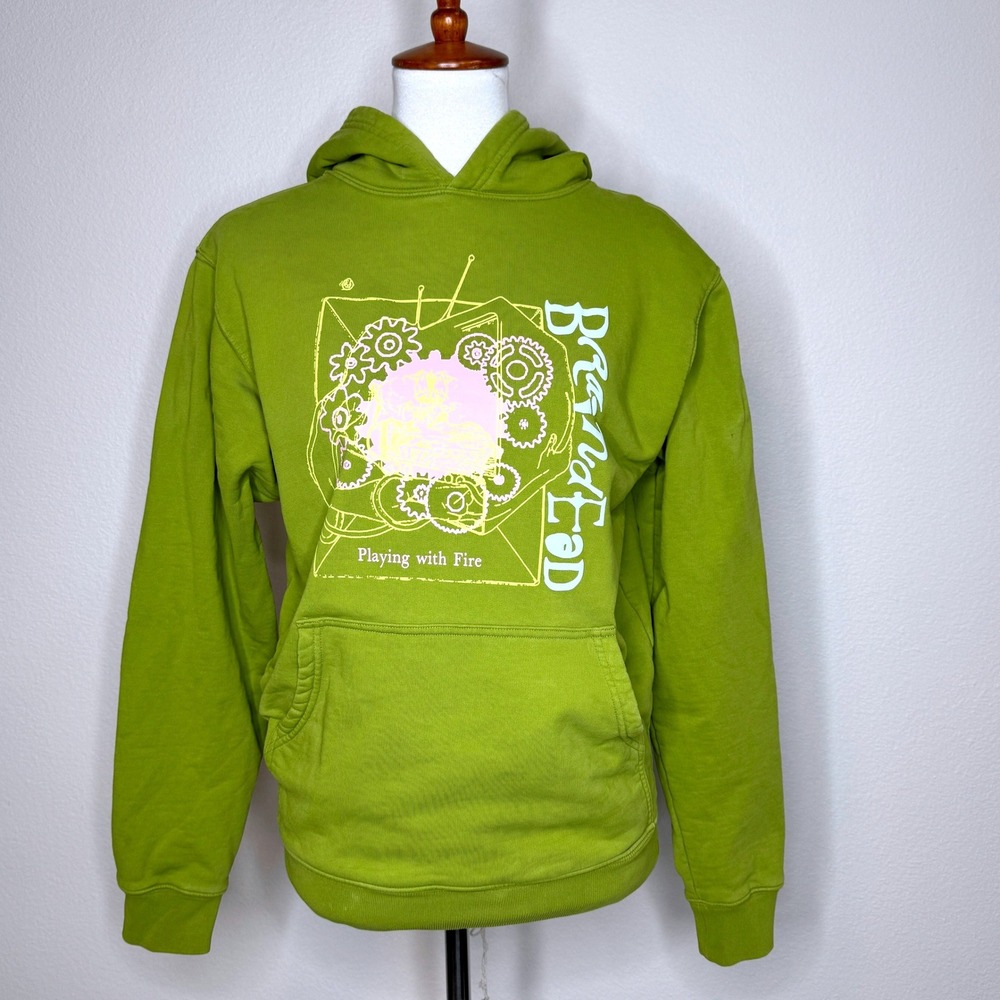 BRAIN DEAD Playing With Fire Hoodie Mens XS Olive Green Streetwear Skateboard